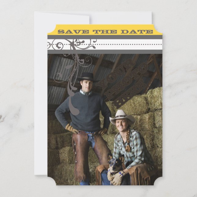 Gult & Grått Funky Swirls Bröllop spara datum Spara Datumet (Framsida)