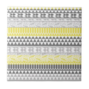 Gult Grått Geometric Aztec Tribal Print Mönster Kakelplatta