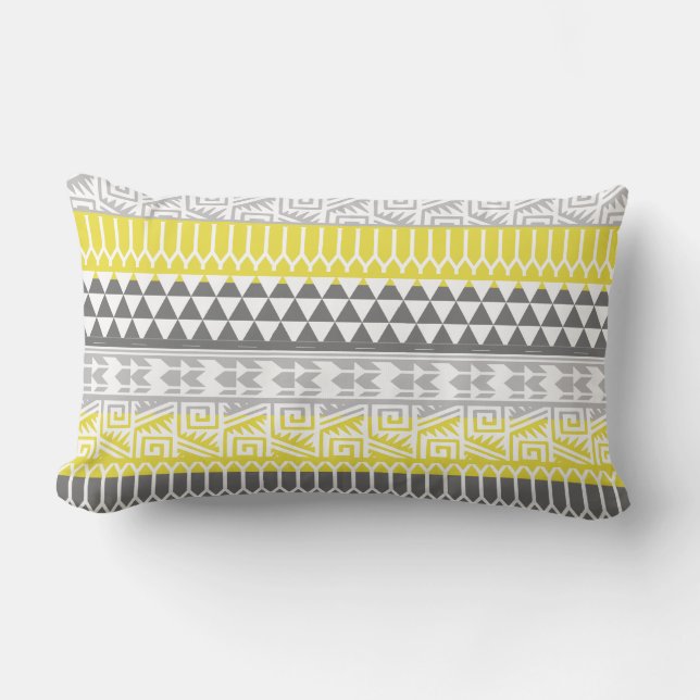 Gult Grått Geometric Aztec Tribal Print Mönster Lumbarkudde (Framsida)