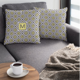 Gult Grått Geometric Mönster Monogram Kudde