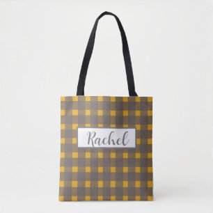 Gult Grått Gingham Personlig Tote Bag Tygkasse