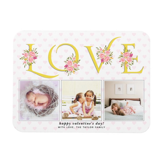 Gult, grått KÄRLEK, rosa ros Valentines day Magnet (Horisontell)
