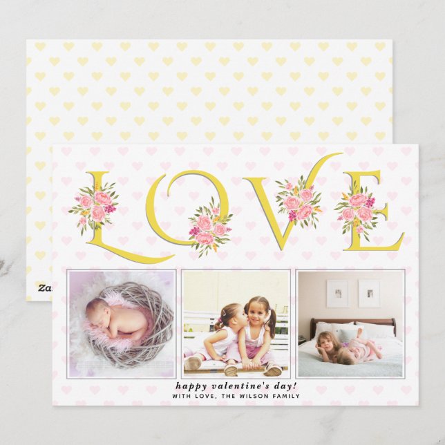 Gult, grått KÄRLEK typografi, foto Valentines day Julkort (Fram/baksida)