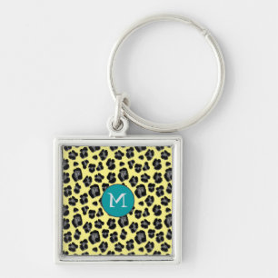 Gult Grått Leopard Skriv ut Monogram Fyrkantig Silverfärgad Nyckelring