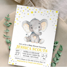 Gult Grått Neutralt Polka Dot Elephant Baby Shower Inbjudningar