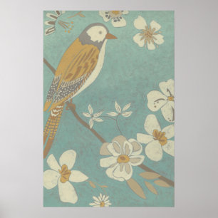 Gult, Grått och Beige Bird Perched på Gren Poster