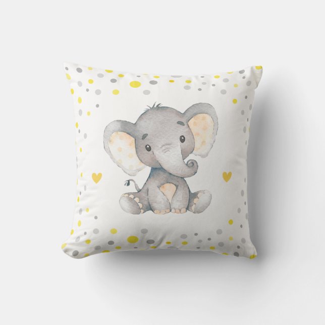 Gult Grått Polka Dot Elephant Baby Shower Nursery Kudde (Framsida)