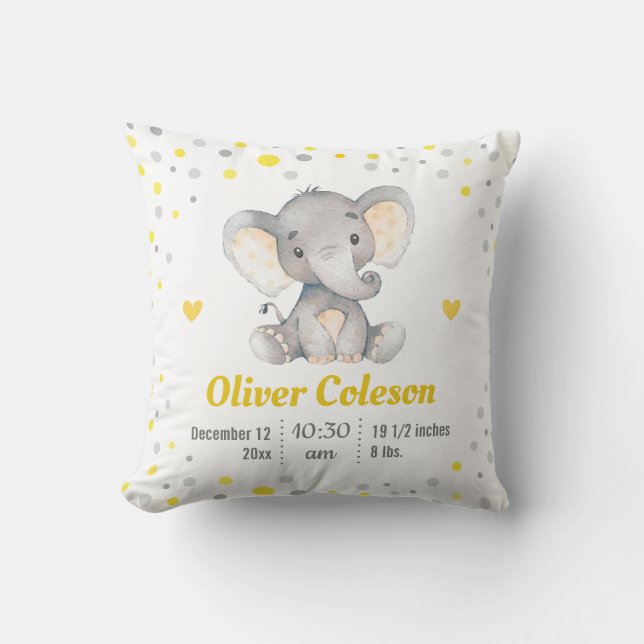 Gult Grått Polka Dot Elephant Baby Stats Nursery Kudde (Framsida)