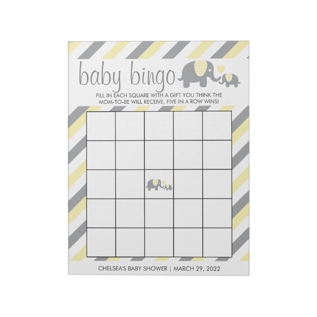 Gult & Grått Rand Elephant Baby Shower- Bingo Anteckningsblock (Roterad)