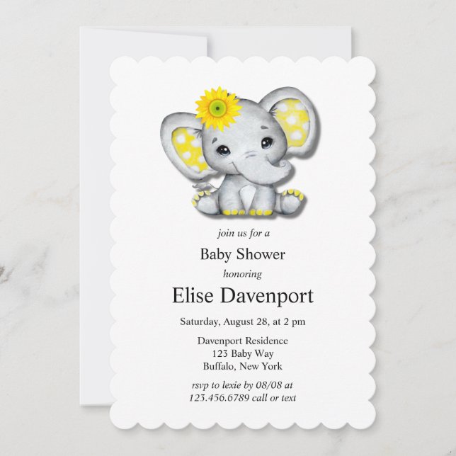 Gult Grått Solros Elephant Baby Shower Inbjudningar (Framsida)