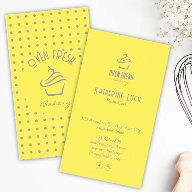 Gult Grått Text Dots Cupcoa Bakery Visitkort (Skapare uppladdad)