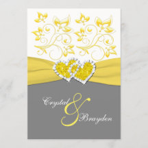 Gult, Grått, Vit Gått med Hearts bröllopsinbjudan
