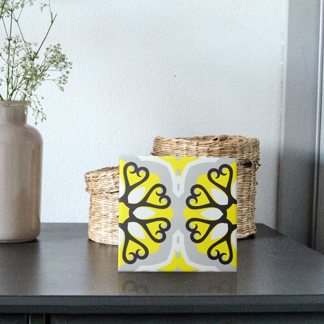 Gult Grått White Mosaic Blommigt Geometric Mönster Kakelplatta (Skapare uppladdad)