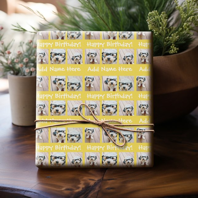 Gult Grattis på födelsedagen Namn 6-kvadratfotomak Presentpapper (Personalized Birthday Photo Wrapping Paper)