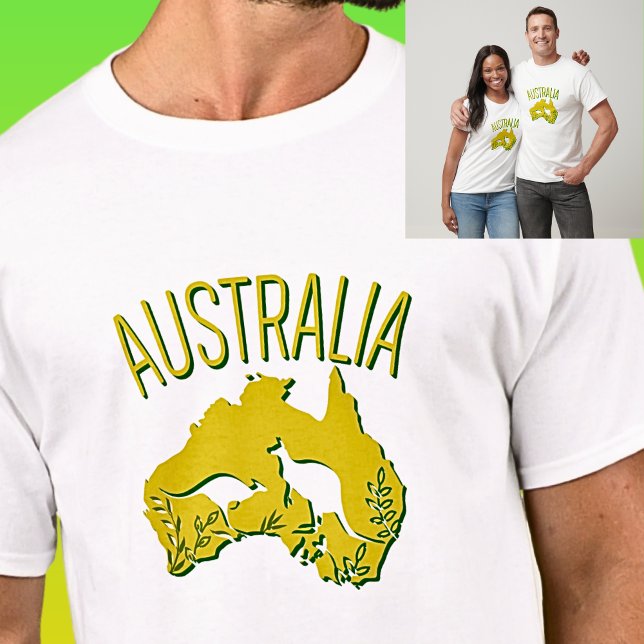 Gult Grönt Australien Karta med Kangaroos på Light T Shirt (Skapare uppladdad)