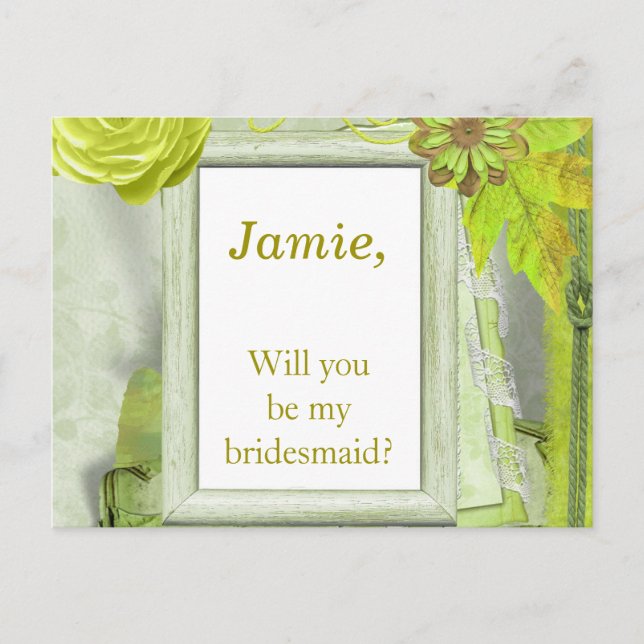 Gult Grönt blommigt Bridesmaid-inbjudan Inbjudan Vykort (Framsida)