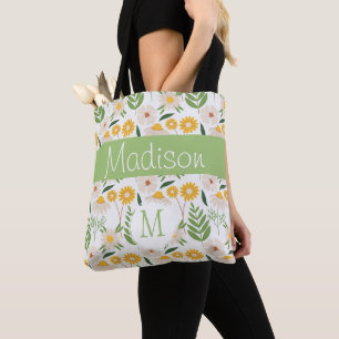 Gult Grönt Blommigt Girly Initial Monogram Tygkasse