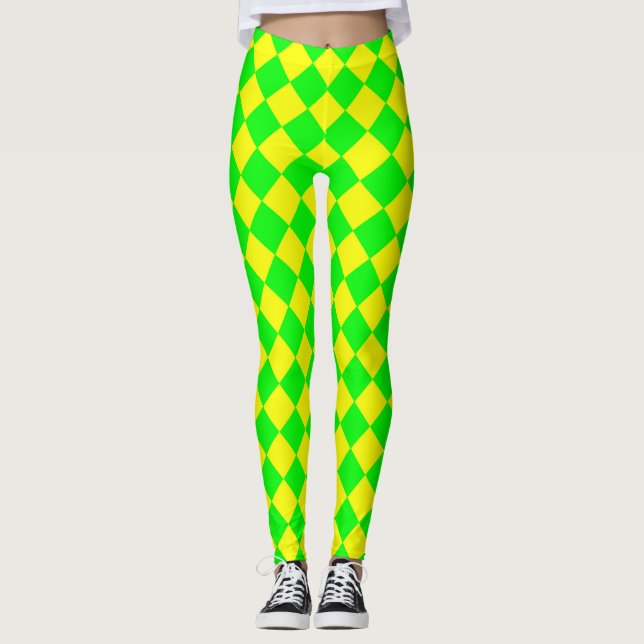 Gult Grönt Checker Diamond Mönster Leggings (Framsida)