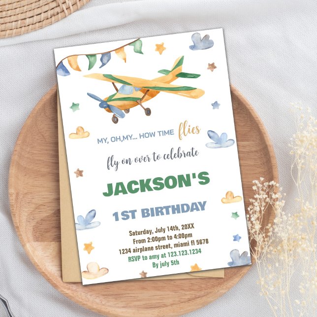 Gult Grönt Flygplanets födelsedagsinbjudningar Inbjudningar (Yellow Green Airplane Birthday Invitations)