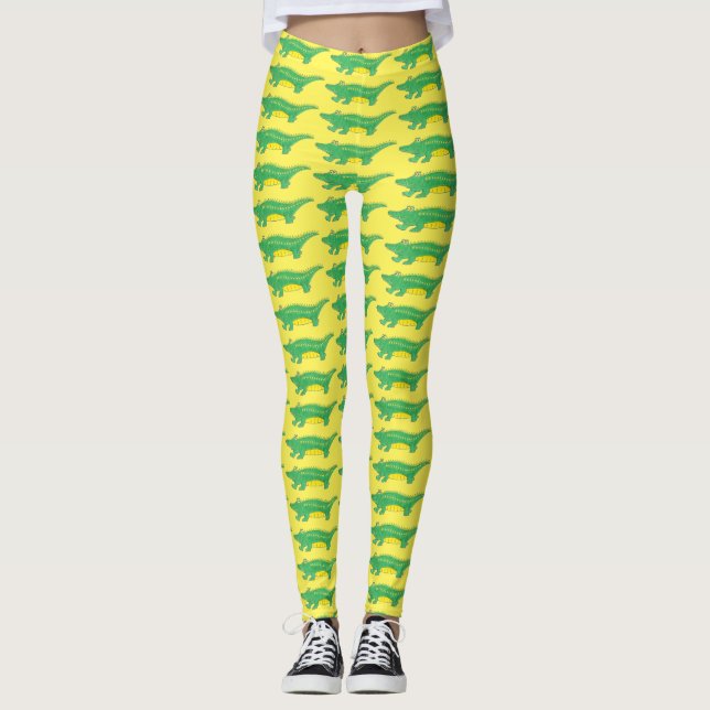 Gult Grönt Gator Alligator Crocodile Crocodile Ani Leggings (Framsida)