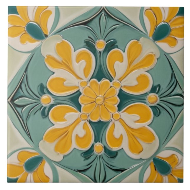Gult Grönt Geometric Blommigt Flower Mediterranean Kakelplatta (Framsidan)