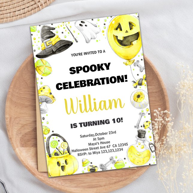 Gult Grönt Halloween-födelsedagsinbjudningar Inbjudningar (Yellow Green Halloween Birthday Invitations)
