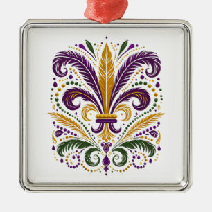 Gult, grönt lila fleur de lis-fjädrar julgransprydnad metall