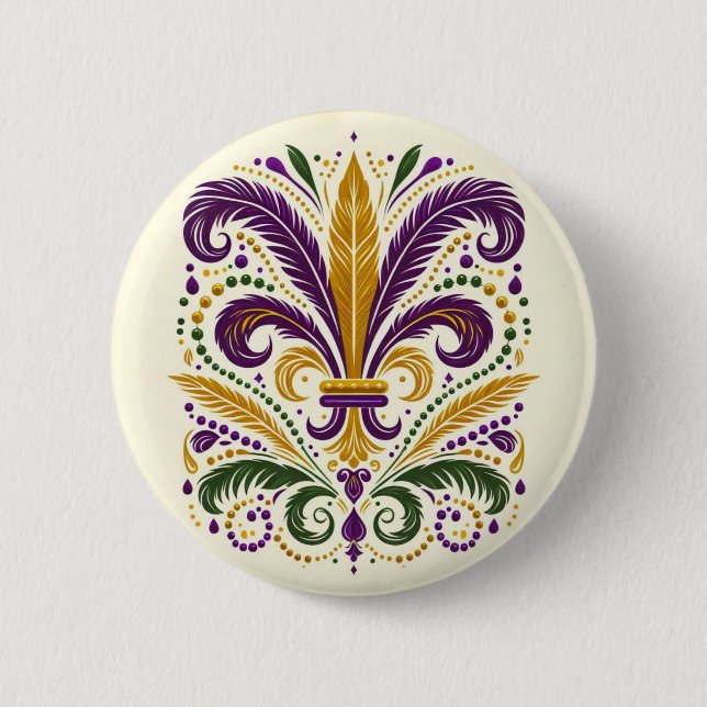 Gult, grönt lila fleur de lis-fjädrar knapp (Framsida)