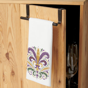 Gult, grönt lila fleur de lis-fjädrar kökshandduk