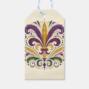 Gult, grönt lila fleur de lis-fjädrar presentetikett