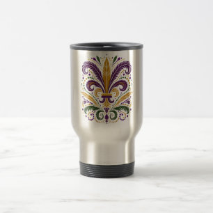 Gult, grönt lila fleur de lis-fjädrar resemugg