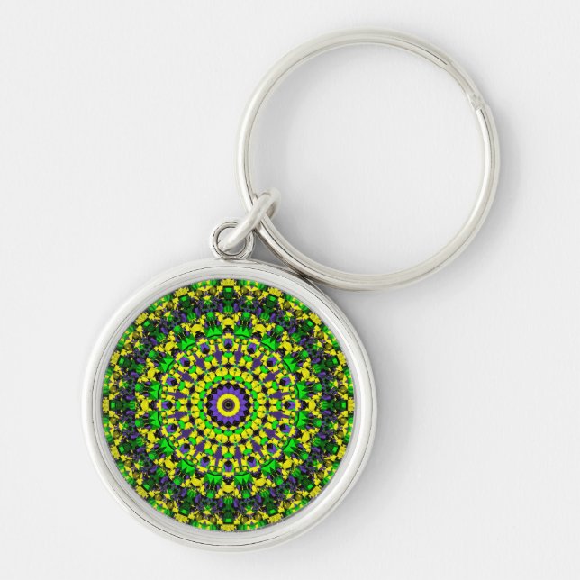 Gult, Grönt, Lila Mandala Rund Silverfärgad Nyckelring (Framsidan)