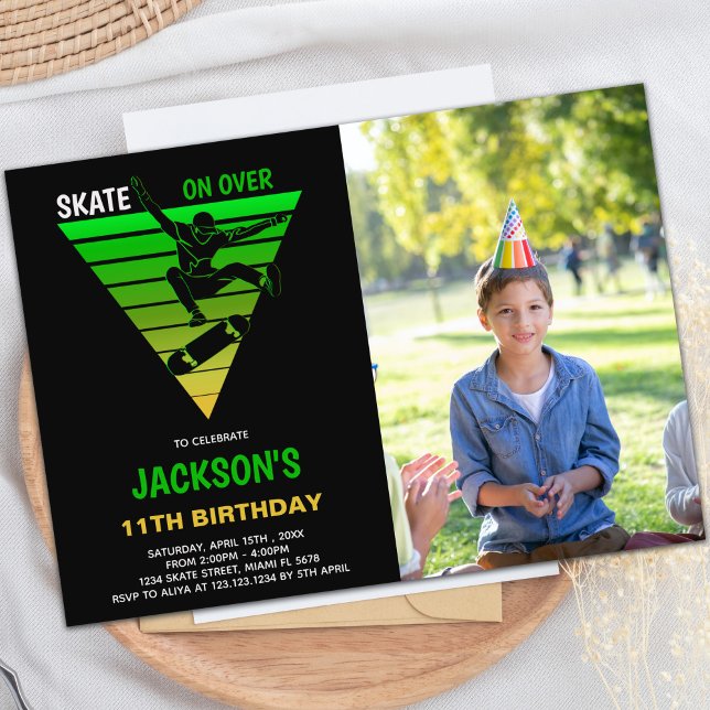 Gult Grönt Skateboard Birthday-inbjudningar, hack Inbjudningar (Yellow Green Skateboards Birthday Invitations phot)