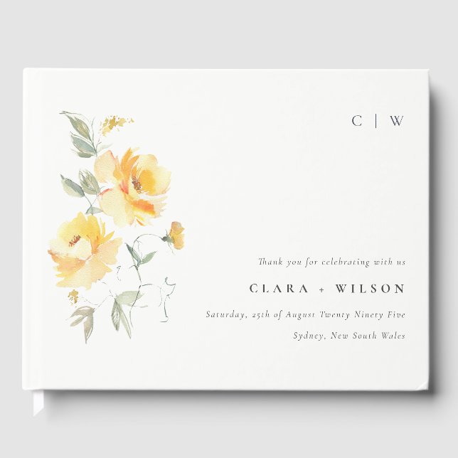 Gult Grönt Vattenfärgen Ro Flower Bunch Bröllop Gästböcker (Framsida)