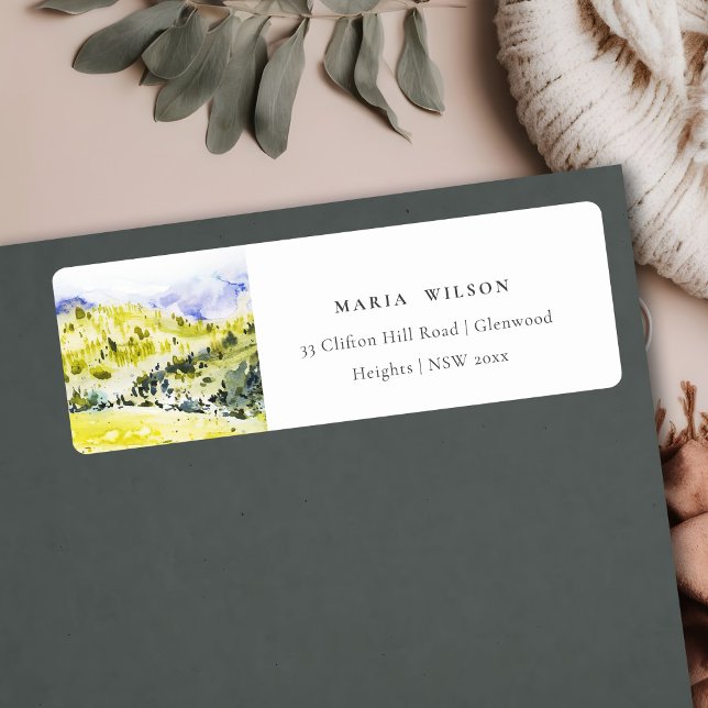 Gult Grönt Vattenfärgsland Backe Adress Returadress Etikett (Skapare uppladdad)