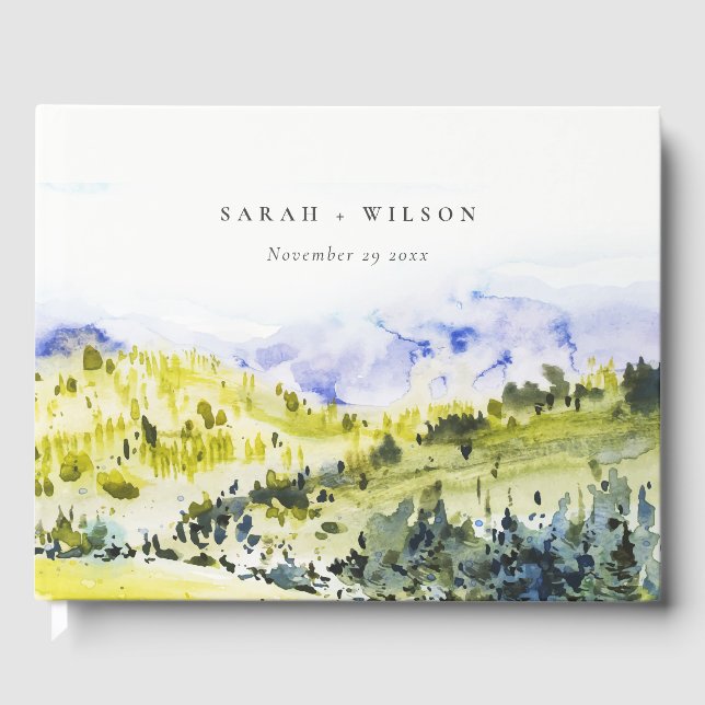 Gult Grönt Vattenfärgsland Backe Bröllop Gästböcker (Framsida)