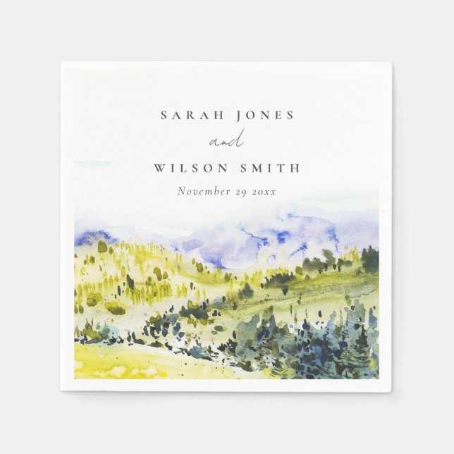 Gult Grönt Vattenfärgsland Backe Bröllop Pappersservett (Framsidan)