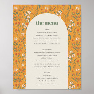 Gult Groovy Retro Arch Blommigt Bröllop Menu Post Poster