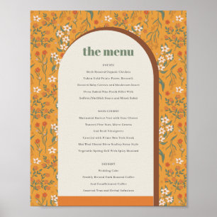 Gult Groovy Retro Arch Blommigt Bröllop Menu Poster