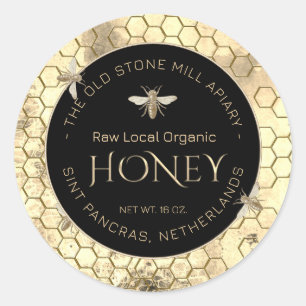 Gult Grunge Honeycomb Honungsetikett (Vintage Bee) Runt Klistermärke