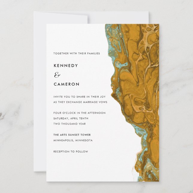 Gult Guld & Aqua Minimalist Marble Bröllop Inbjudningar (Framsida)