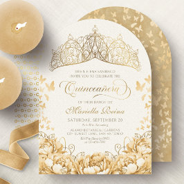 Gult Guld Butterflies Blommigt Krona Quinceanera Inbjudningar