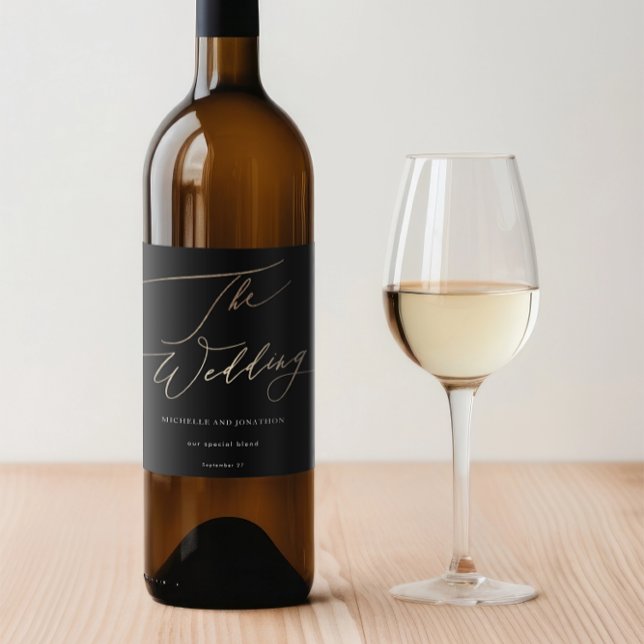 Gult Guld Calligraphy Modern Calligraphy Bröllop Vinflaska Etikett (Skapare uppladdad)