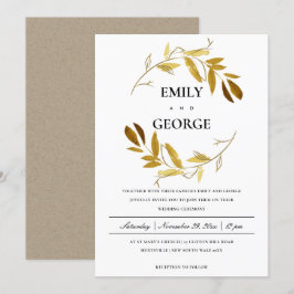 GULT GULD FOLIAGE WATERCOLOR TVÄTTAR WREATH BRÖLLO INBJUDNINGAR