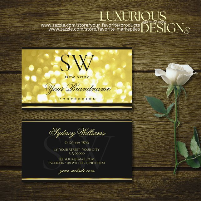 Gult Guld Glitter Black Monogram Golden Decor Visitkort (Skapare uppladdad)