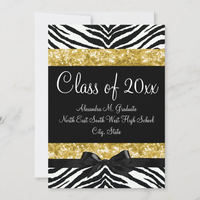 Gult Guld Gnistra Zebra Bow Studenten Inbjudan (Framsida)