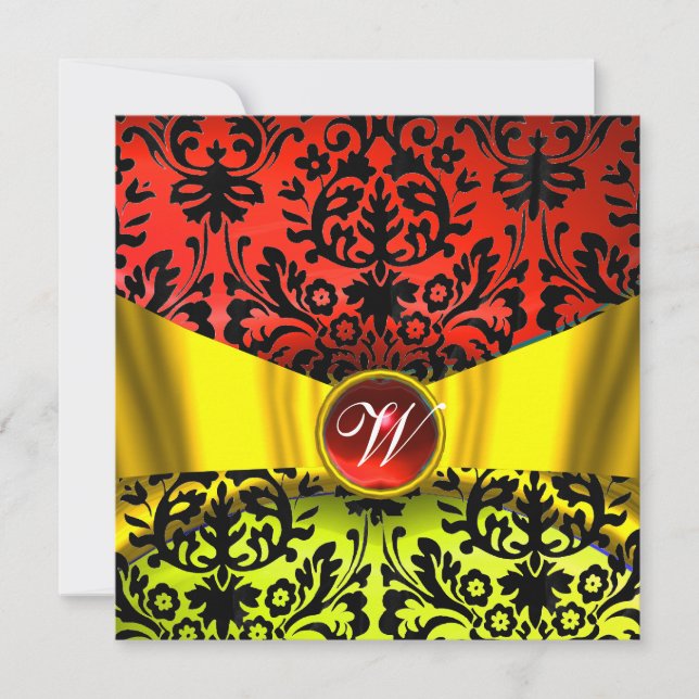 GULT GULD RIBBON RED BLACK DAMASK MONOGRAM INBJUDNINGAR (Framsida)