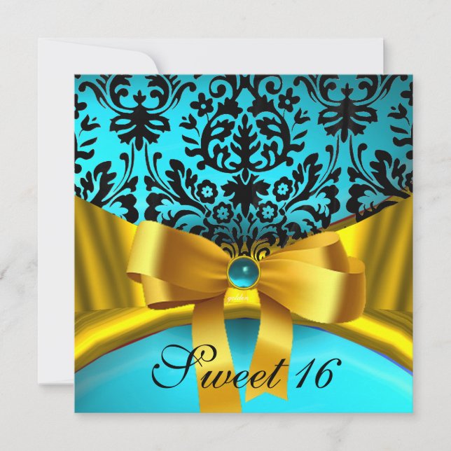 GULT GULD RIBBON TEAL AQUA BLUE BLACK DAMASK INBJUDNINGAR (Framsida)