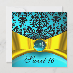 GULT GULD RIBBON TEAL BLUE BLACK DAMASK MONOGRAM INBJUDNINGAR