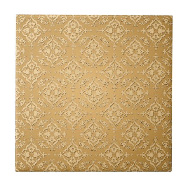 Gult Guld Saffron Damask Pattern Kakelplatta (Framsidan)